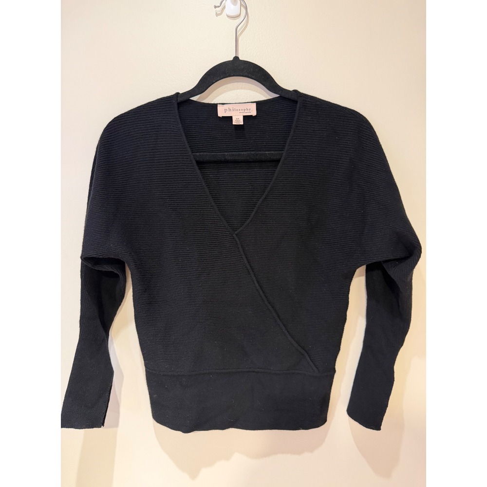 Philosophy Republic Clothing Black Ribbed Surplice Wrap V-Neck Sweater Small